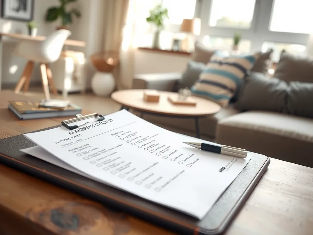 A clipboard with a detailed checklist lying on a modern living room table, natural light streaming through the windows, emphasizing the process of apartment hunting, professional photography style.