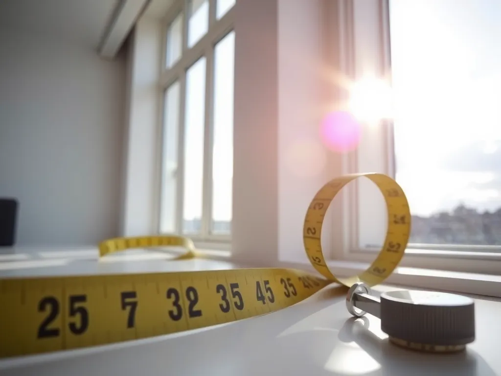 Close-up of a measuring tape and a compass next to large windows, sun shining through, representing practical checks during apartment tours, minimalist style, professional lighting.