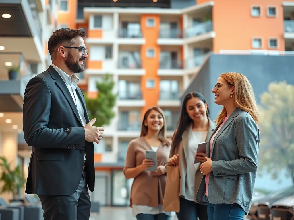 A friendly property manager interacting with a couple at a vibrant apartment complex, showcasing a welcoming atmosphere, modern design, professional photography style.