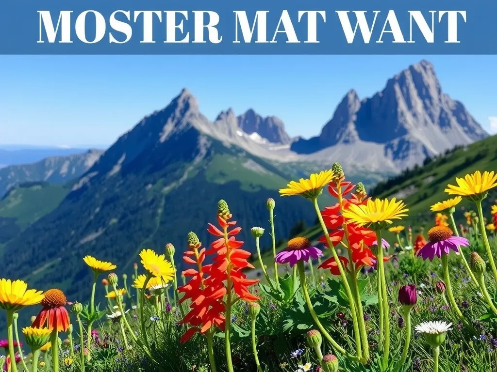 Scenic mountain landscape with colorful wildflowers in the foreground, majestic peaks in the background, capturing the beauty of natural landscapes, vibrant colors, photorealistic.