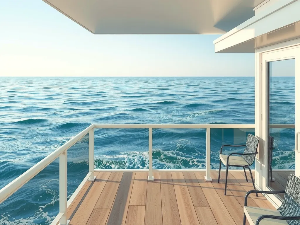 A photorealistic view of an oceanfront balcony with gentle waves and soft reflections, featuring a peaceful and tranquil atmosphere, high quality, ideal for showcasing waterfront living.