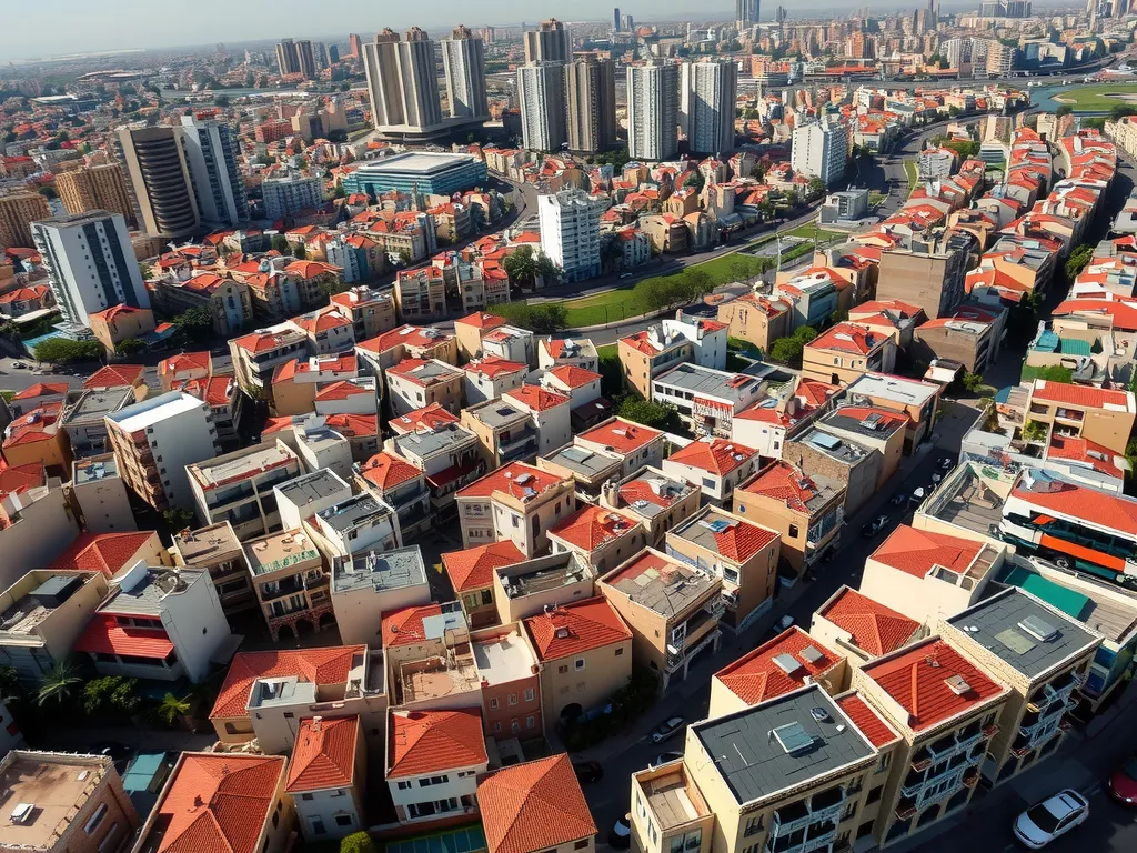 Aerial view of Beirut showing residential buildings, diverse architecture styles between old stone buildings and modern high-rises, photorealistic, high quality