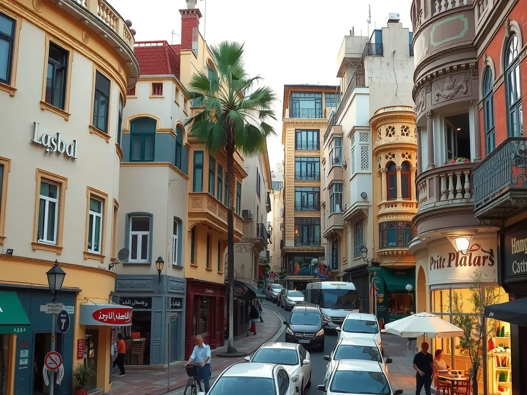 Photos of either Achrafieh or Hamra neighborhoods in Beirut highlighting architectural styles, busy streets lined with cafes or shops, showing dynamic urban living, high quality, natural lighting