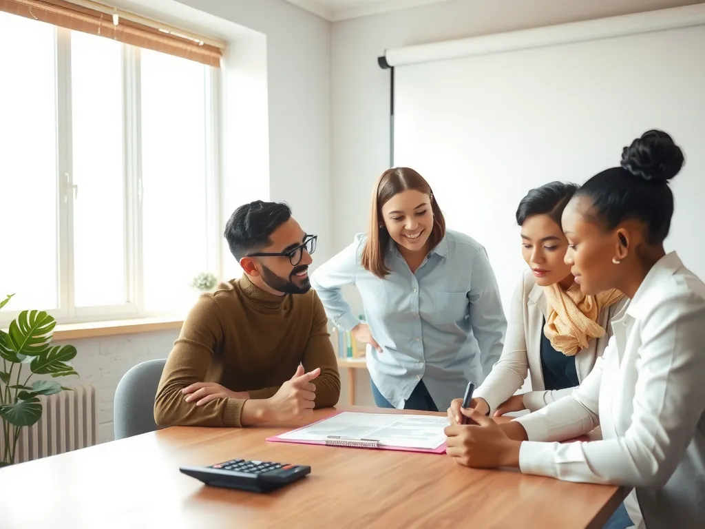 Real estate negotiation scene with a diverse group of people discussing across a table, document and calculator visible, bright and well-lit office environment
