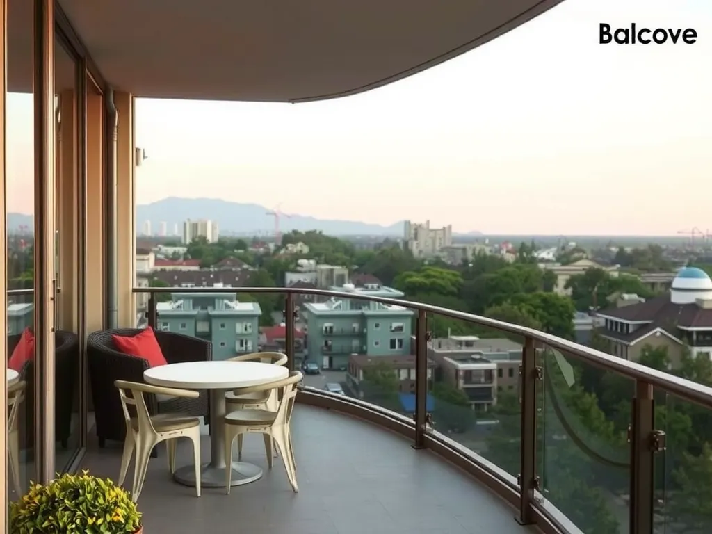 Balcony with cafe-style seating overlooking a cityscape, soft evening light, mixture of urban and natural elements in the distance