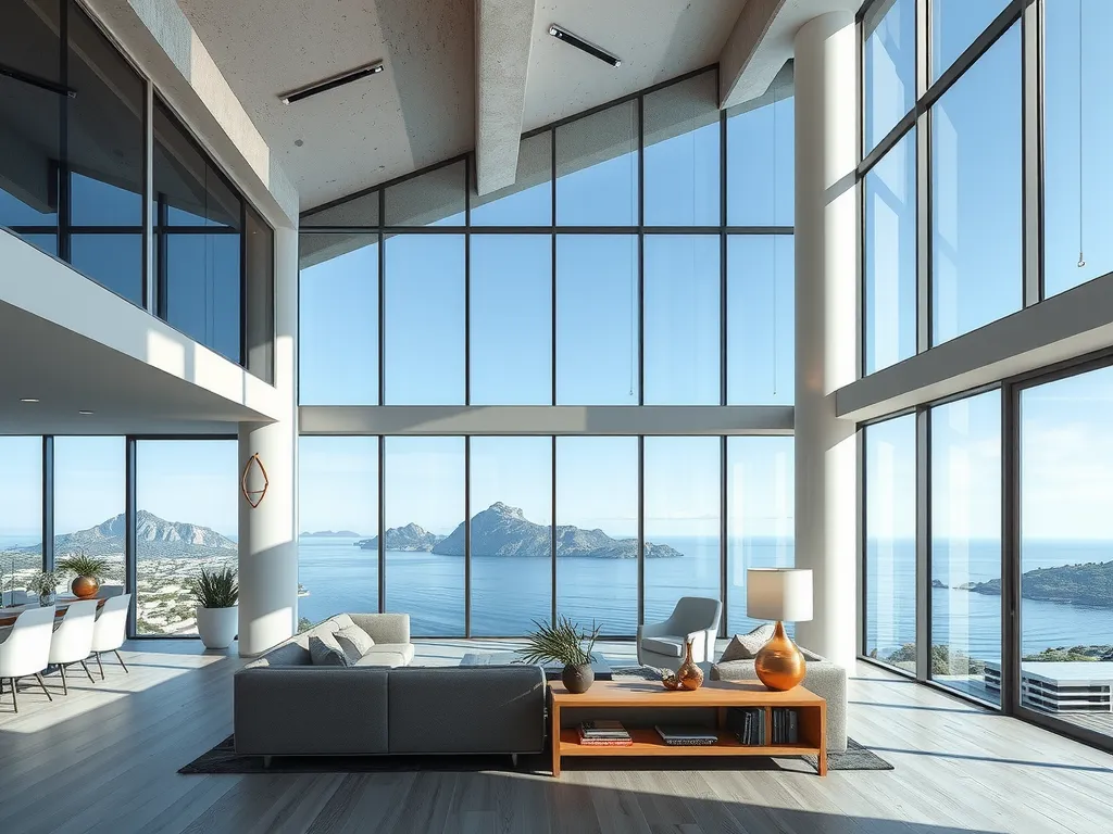 A luxurious apartment interior with large windows overlooking an expansive ocean and mountain view, modern design, spacious and bright
