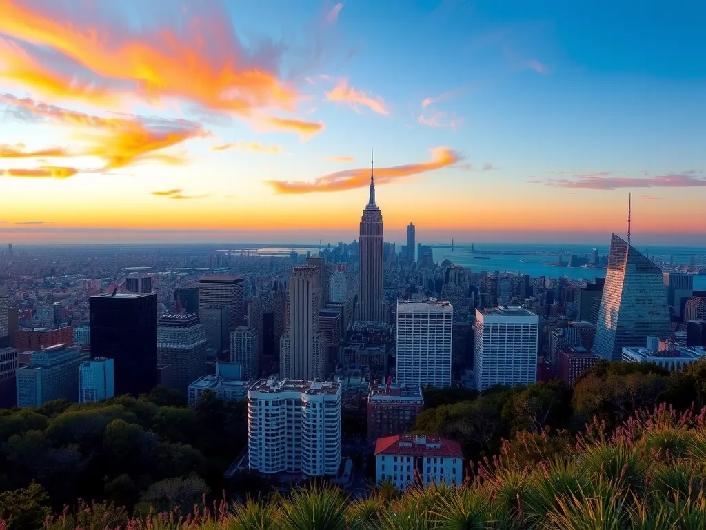 Panoramic view of a city skyline at sunset, with a blend of natural and urban landscapes, detailed, high dynamic range