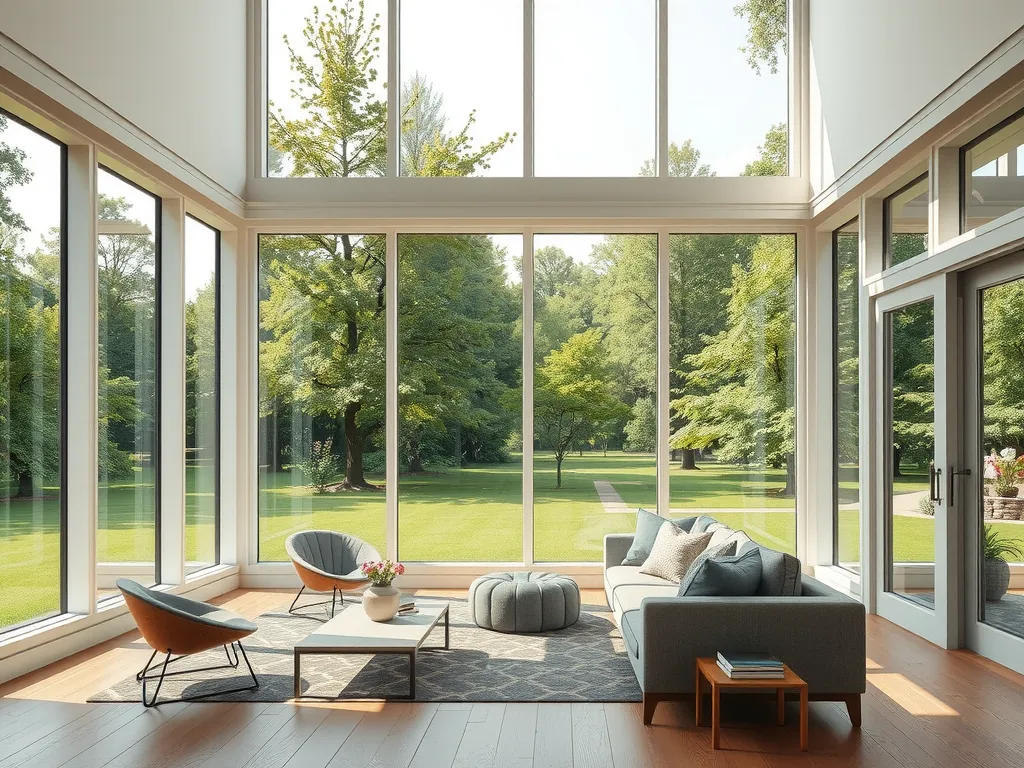 Stylish living room with floor-to-ceiling windows providing a lush park view, minimal decor with natural light