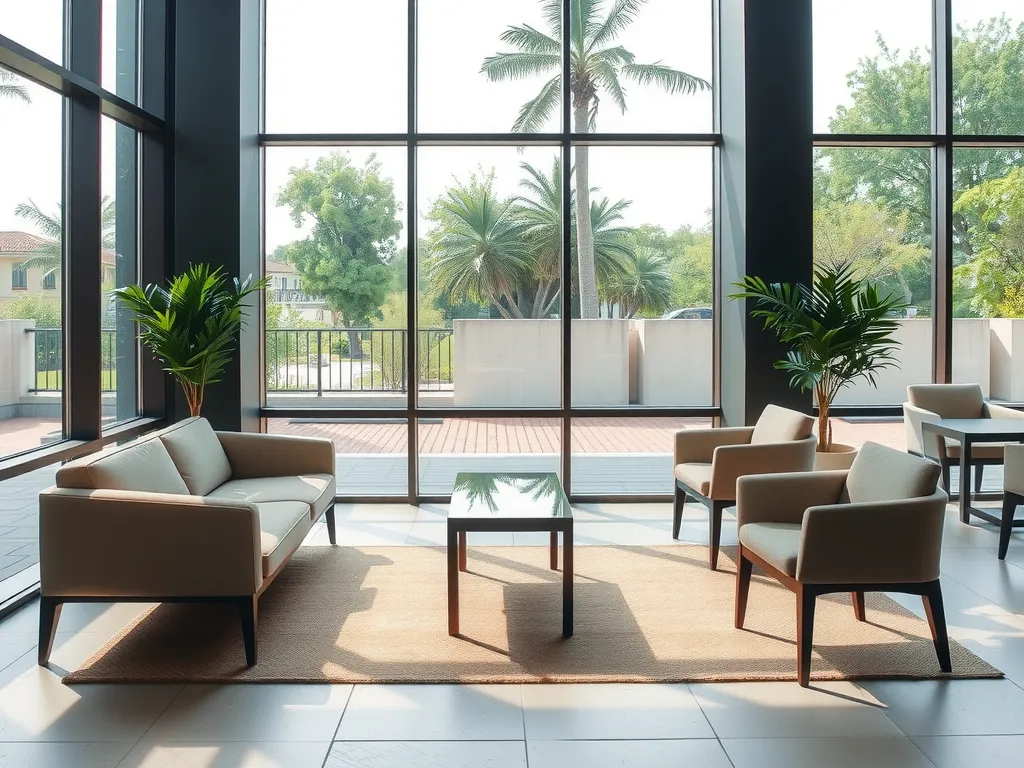 Furniture layout enhancing the view through a large glass window, includes low-profile seating and slender-leg tables, clean and modern design, natural light, detailed interior photography.
