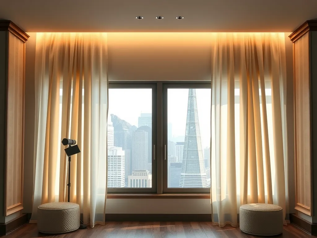 Interior space with light and airy curtains, unobstructed view of a city skyline through large windows, professional lighting captures serene atmosphere.
