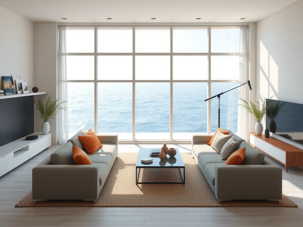 Bright and spacious modern living room with large windows offering a view of the Mediterranean Sea, professional lighting, elegant furniture arrangement