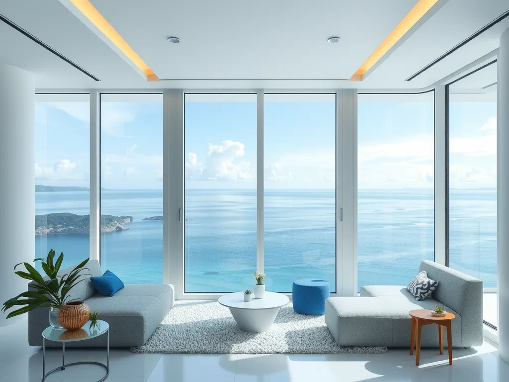 Luxurious modern apartment interior with sea-facing large windows, comfortable seating, smart-home technology integration