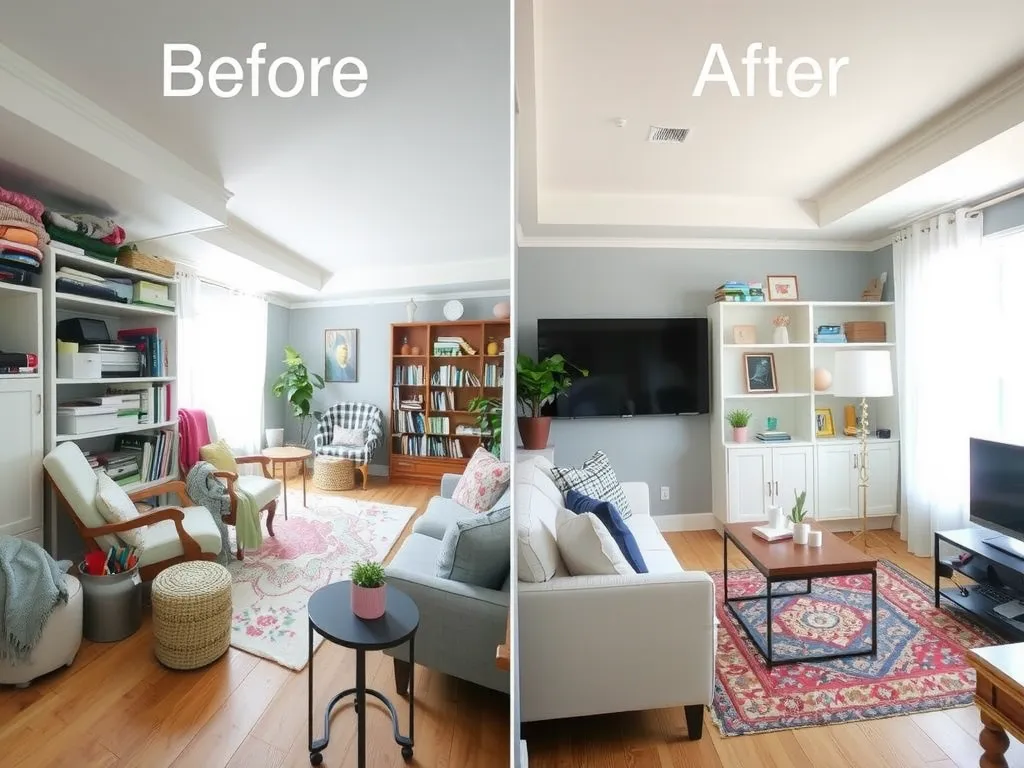 Before and after images of a room: cluttered to beautifully staged, showing tidy space with organized decor and balanced furniture arrangement, high quality