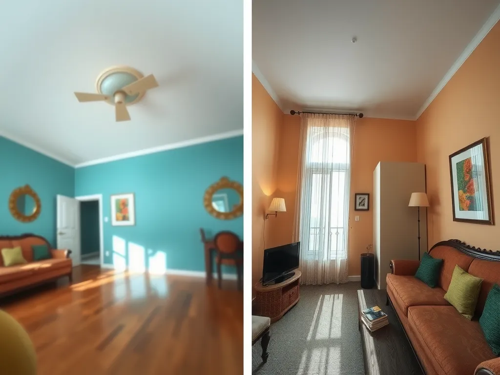 Comparison of distorted wide-angle lens photo versus well-composed room shot, clear demonstration of lens effects on interior photography