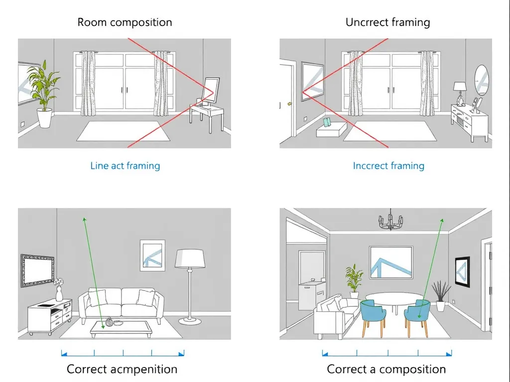 Diagram of various room compositions, correct and incorrect framing, focus on lines and angles, detailed and educational
