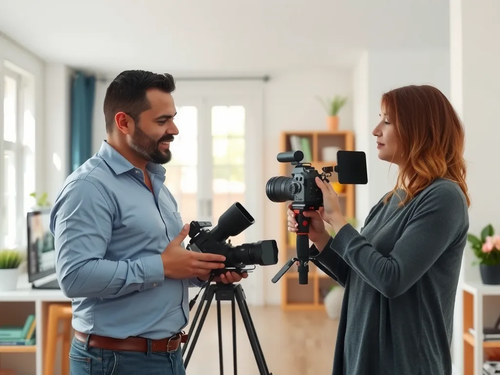 Professional photographer and real estate agent discussing property, camera and equipment setup visible in background, collaborative and dynamic