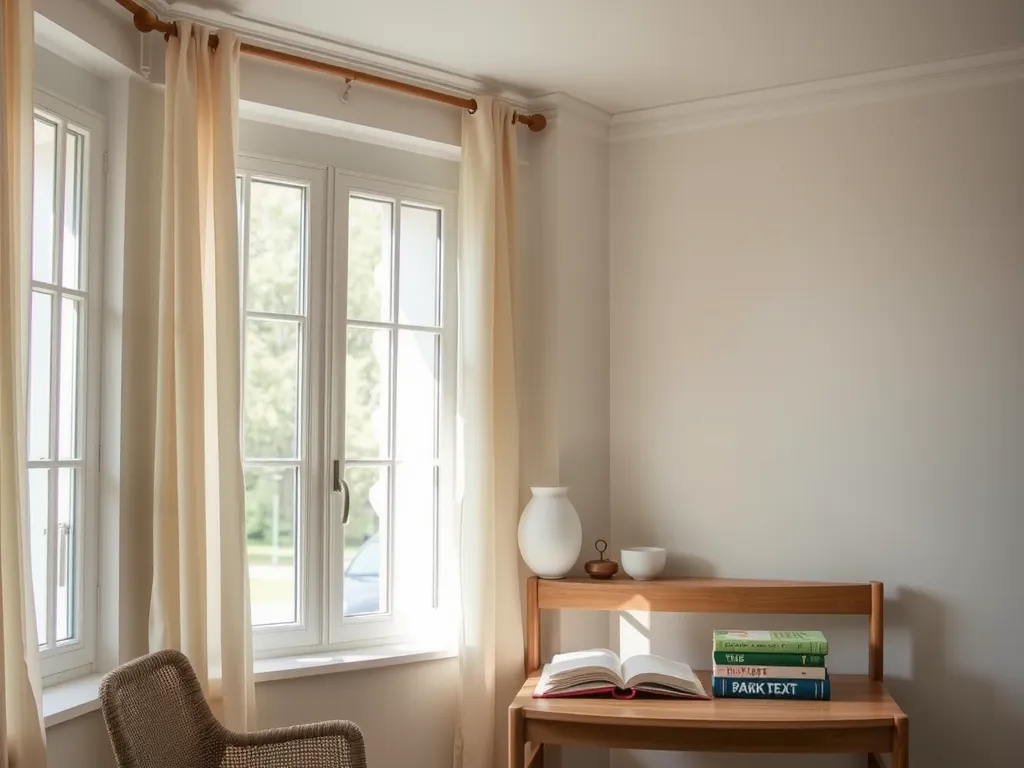 Sunlit interior of a room, soft natural light highlighting a cozy reading nook near windows with sheer curtains, professional lighting balance