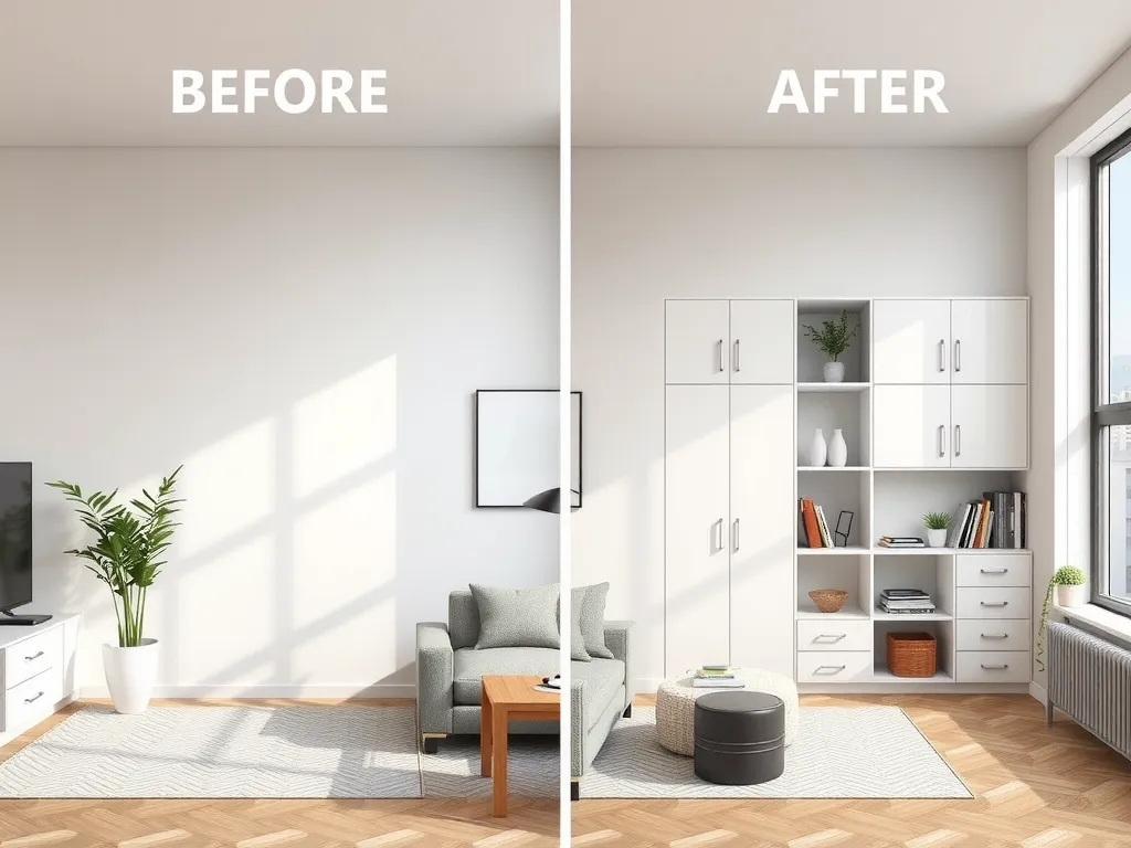 Before-and-after comparison of an apartment renovation focusing on improved layout and storage solutions, photorealistic, high detail