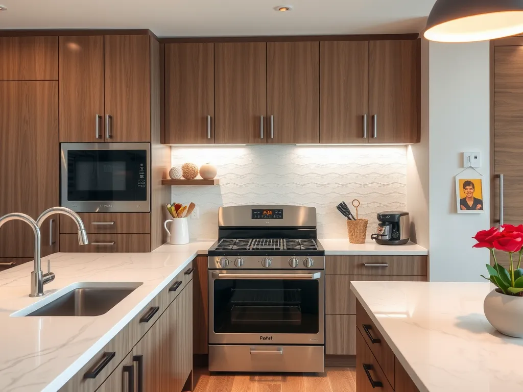 Close-up of modern kitchen renovation highlights, including quartz countertops, energy-efficient appliances, and contemporary lighting, high detail, professional photography