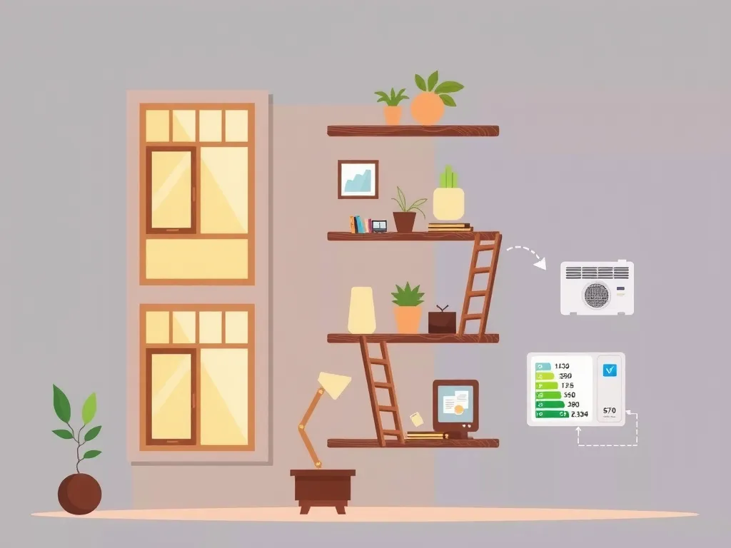 Conceptual illustration showing apartment energy efficiency upgrades - insulated windows, LED lighting, high-efficiency HVAC, photorealistic, clean design