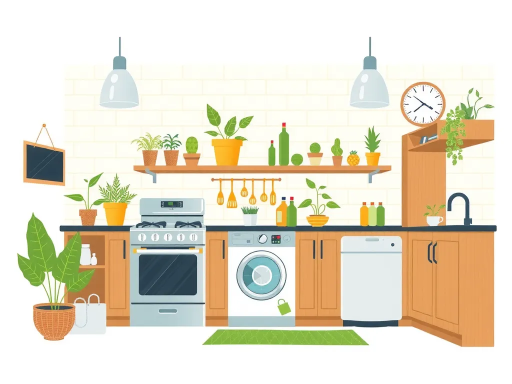 Illustration of sustainable renovation practices: recycled materials, energy-efficient appliances, smart technology integration, visually engaging, modern style