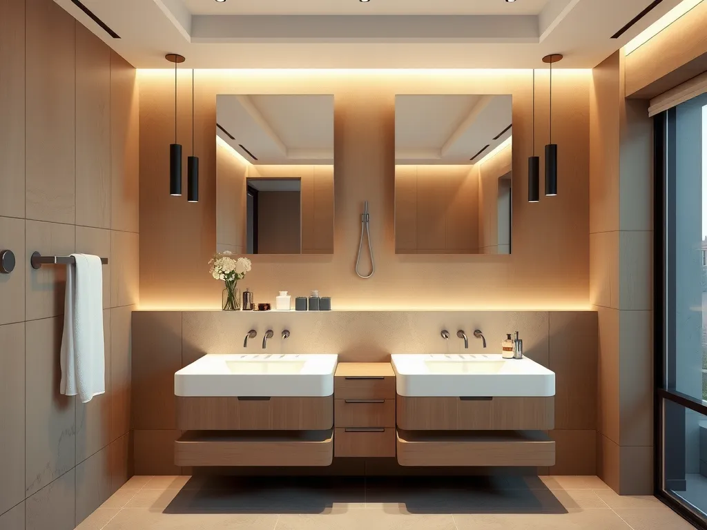 Luxurious bathroom renovation with modern finishes, dual vanities, soft lighting, and high-quality fixtures, realistic, high resolution