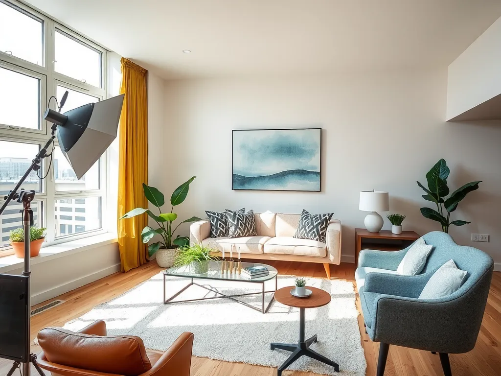 Professional real estate photoshoot setup for renovated apartment, showing modern living space with natural lighting, high quality, professional setting