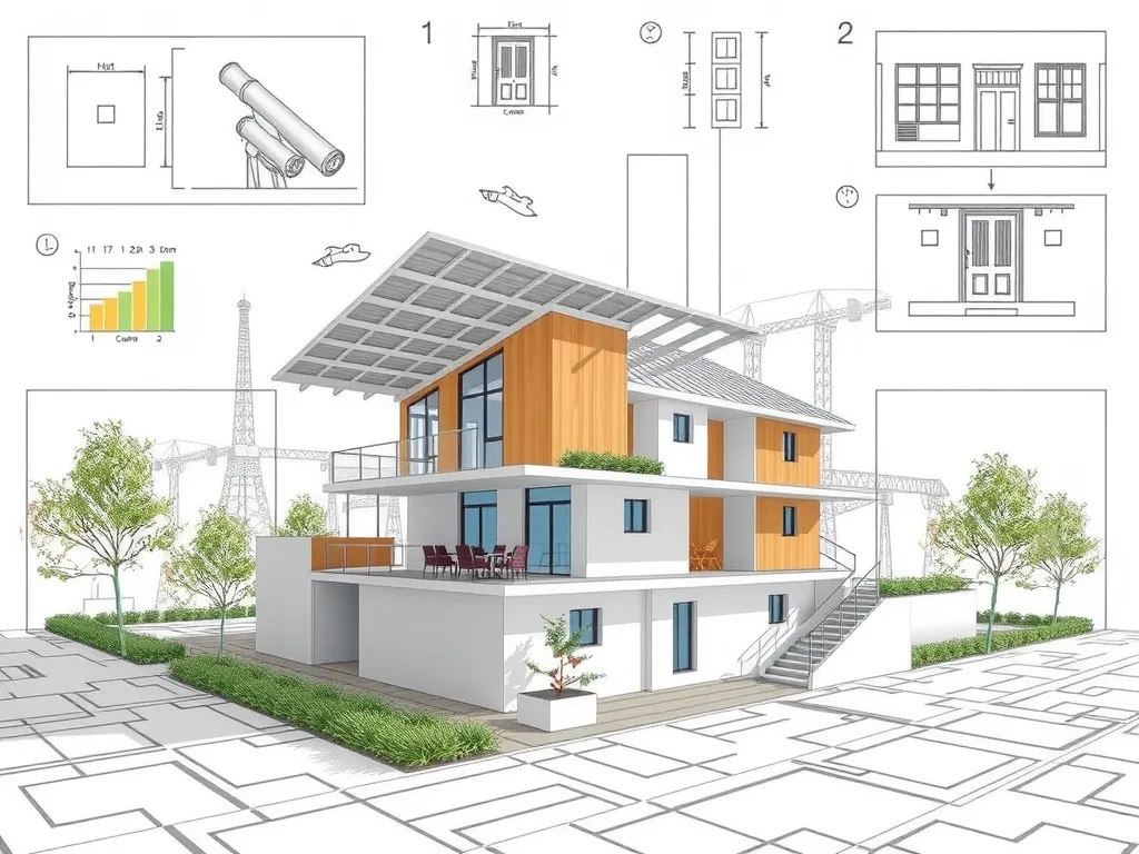 Architectural blueprint with eco-friendly building materials and energy-saving technologies, professional design