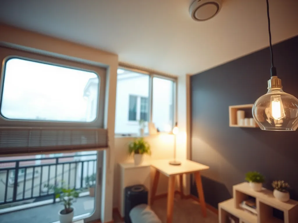 Close-up of energy-efficient lighting and smart building technology inside an eco-friendly apartment, clean, modern design