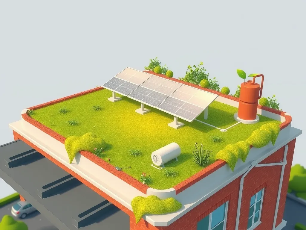 Photorealistic illustration of a green rooftop with solar panels and rainwater harvesting system, showing sustainable urban living concept