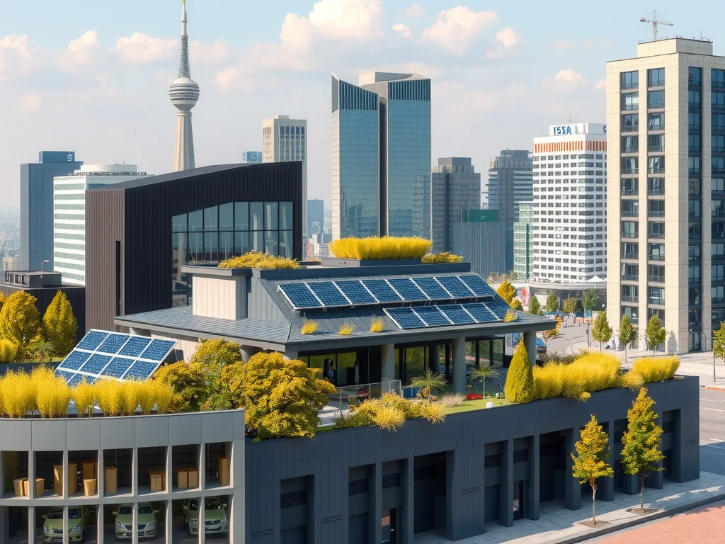 Modern sustainable architecture in an urban setting, featuring solar panels and green building materials, photorealistic, high-quality image, showcasing environmental technology in cityscape