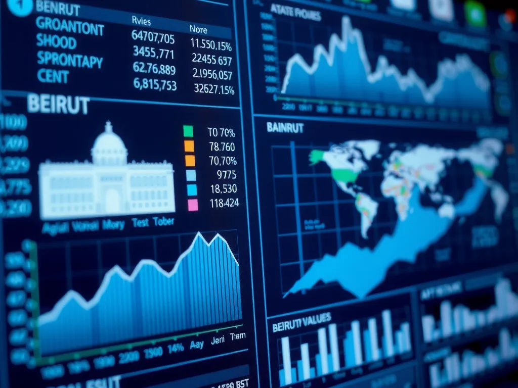 Close-up of an AI interface analyzing real estate market data, with digital graphs and maps displaying property values and trends in Beirut, professional style, futuristic, detailed