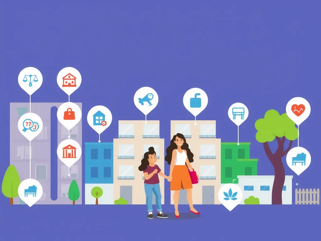 Conceptual image depicting AI helping a young family choose an ideal apartment, featuring icons of family-friendly amenities like schools and parks