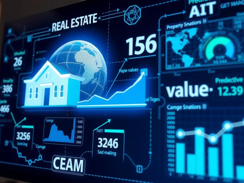 Digital visualization of AI system predicting real estate trends and property values, featuring futuristic graphics and predictive analytics charts