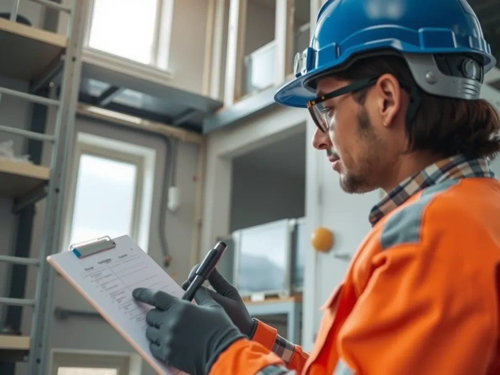 Building inspector checking an apartment’s structural integrity with a checklist, focused, industrial details, engineer in a helmet