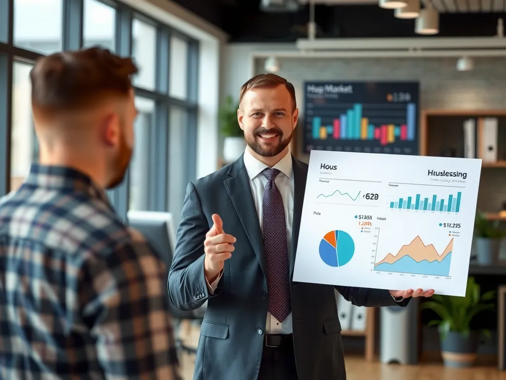 Real estate agent presenting housing market data with charts and graphs in a modern office, professional setting, detailed visuals