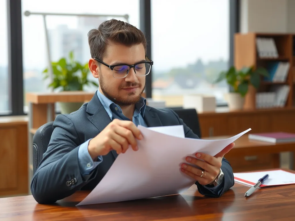 Real estate lawyer looking over legal documents in an office setting, professional atmosphere, focused expression