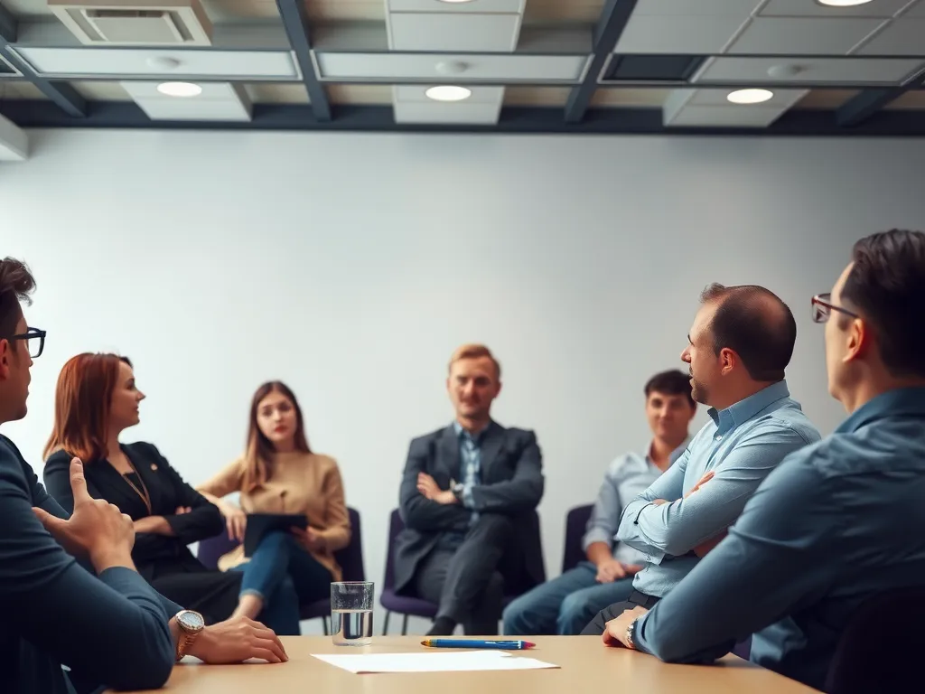 Successful real estate investor sharing experiences with a group of new investors in a seminar, professional environment, attentive audience