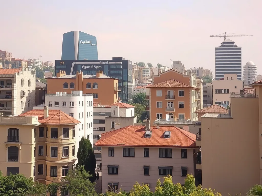 View of Ashrafieh neighborhood with a mix of classic and modern buildings, photorealistic, urban landscape, clear sky