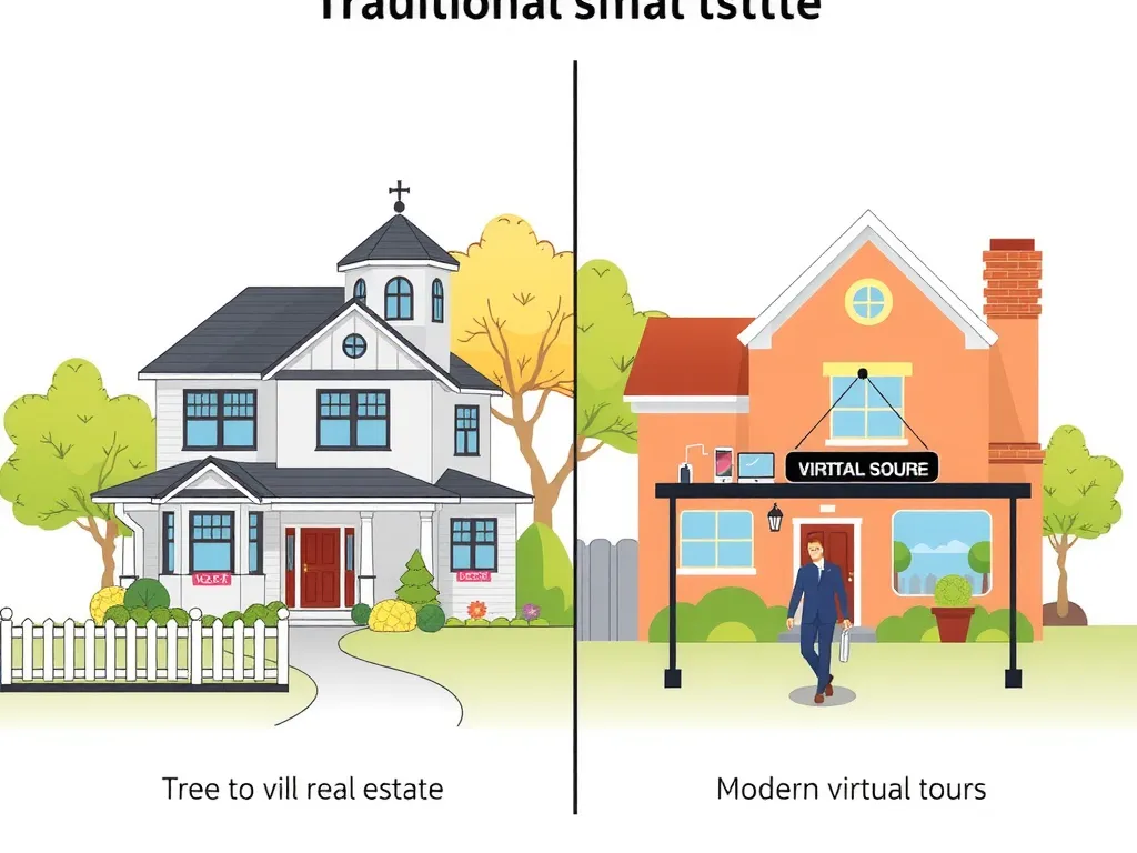 A comparative illustration showing traditional real estate transactions versus modern digital processes with smart devices and virtual tours