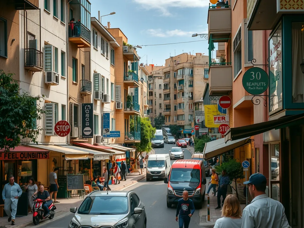 Bustling Beirut neighborhood with busy streets, cafes, and shops, depicting the lively urban environment, professional lighting, high resolution