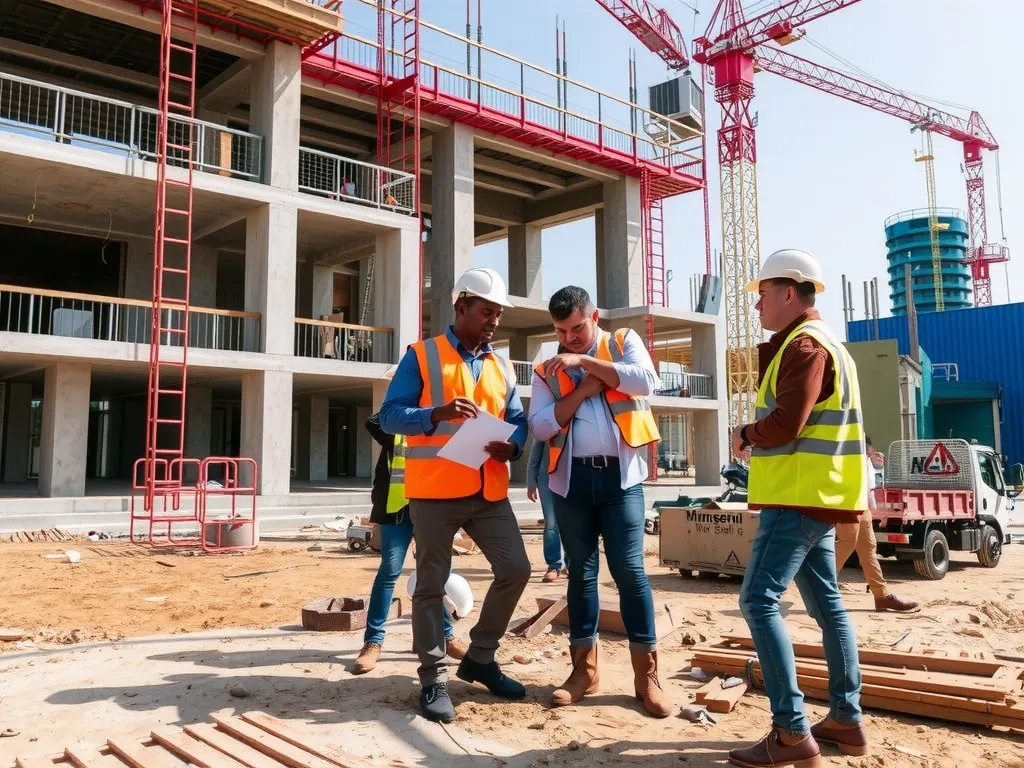 Professional contractor team at work on a construction site in Beirut, showcasing teamwork and modern construction techniques, detailed, dynamic scene