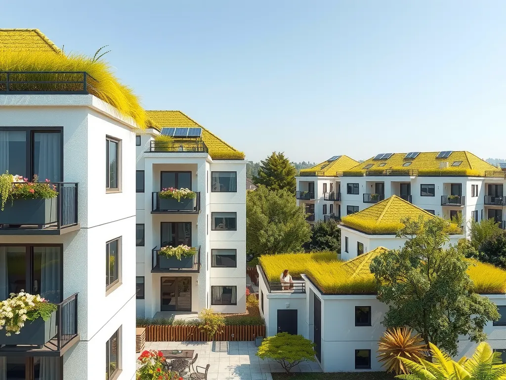 Modern eco-friendly apartment design with green roofs and solar panels, emphasizing sustainability, photorealistic, bright day