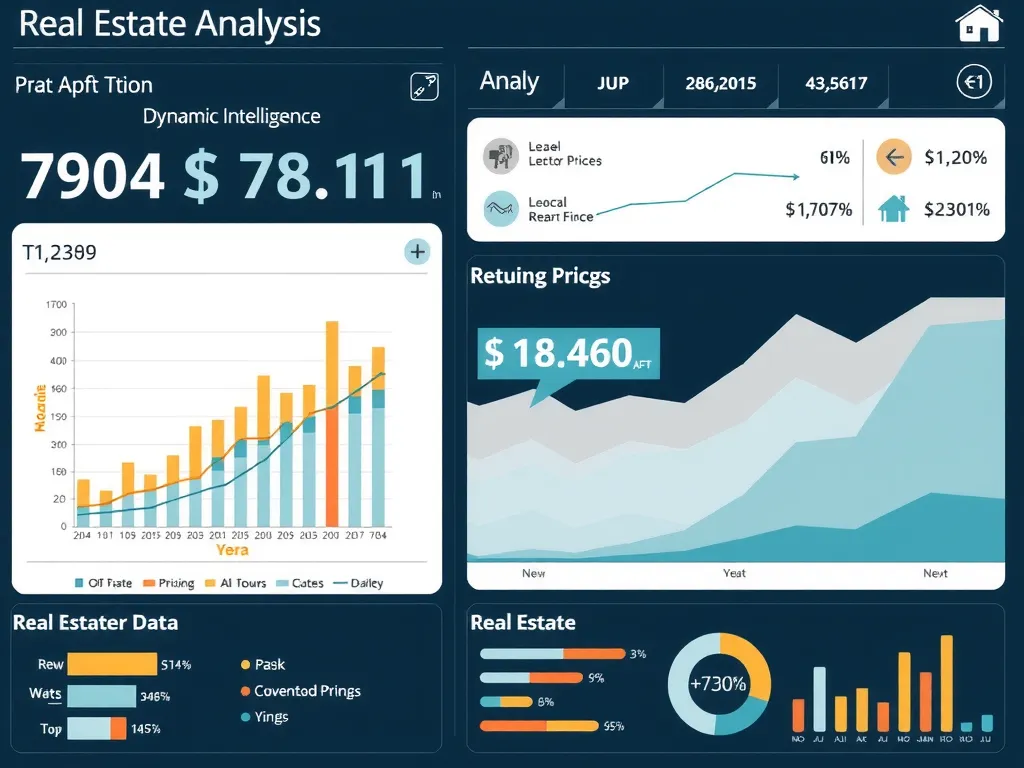 Detailed graphical representation of real estate data analysis using artificial intelligence, showing dynamic pricing models and market trends, high quality, professional design.